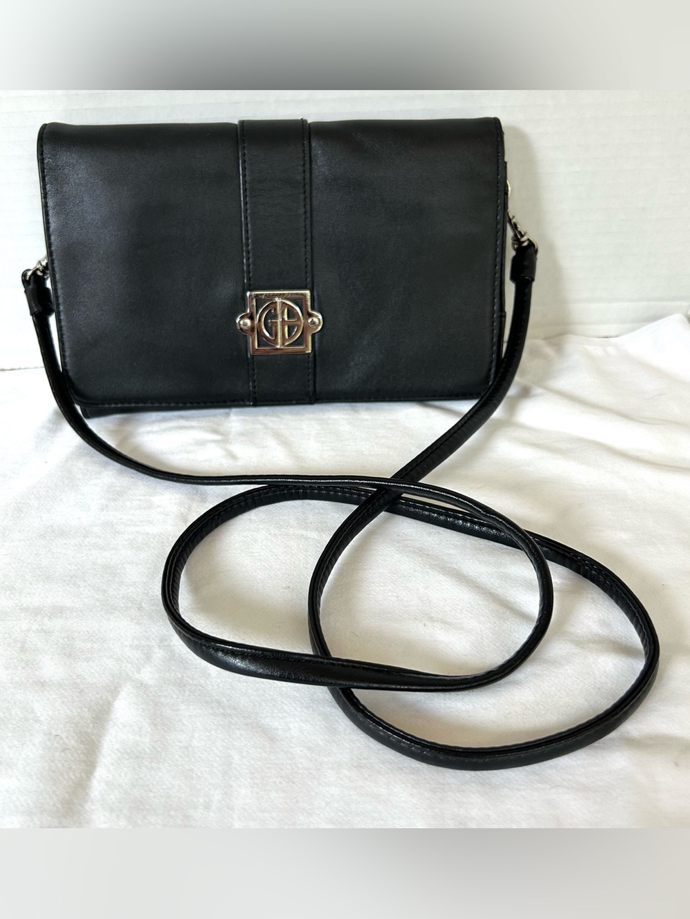 Giano Bernini Black Genuine Leather Crossbody Shoulder Bag Purse/Wallet Combo